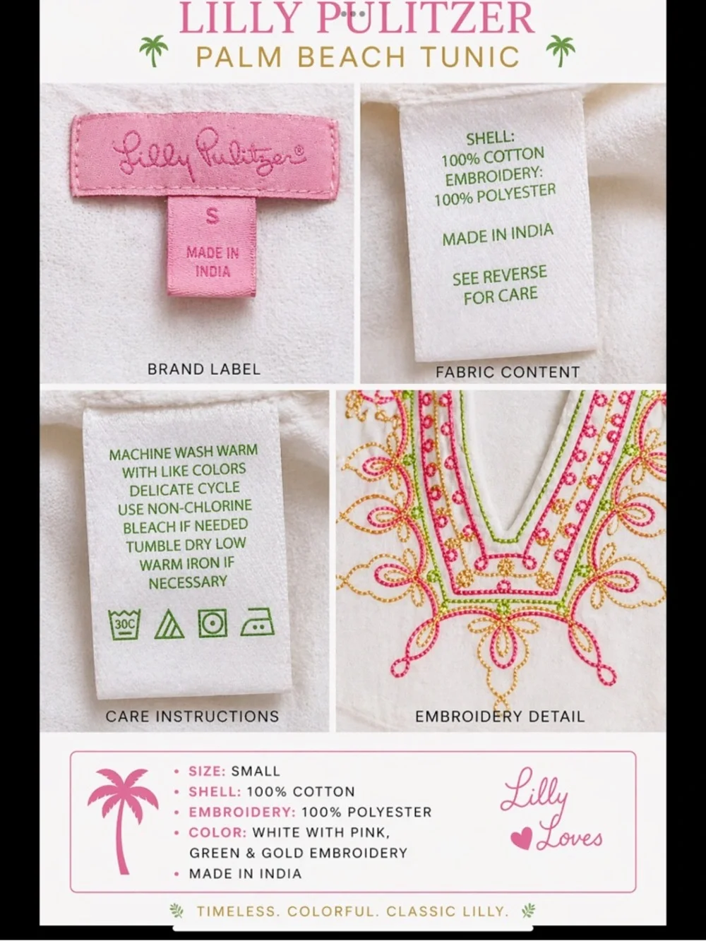 Lilly Pulitzer Embroidered Palm Beach Tunic Top White Pink Green Gold Small - Picture 3 of 16